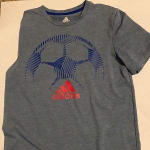 Adidas soccer ball emblem shirt with red adidas logo 100% polyester